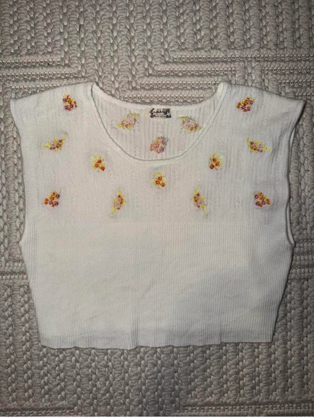 Free People FP Intimately White Crop Tank with Yellow & Pink Floral Embroidery